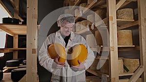 Portrait Of Cheesemaker In Cellar, Basement. Home Cheese Production, Business