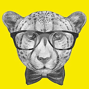 Portrait of Cheetah with glasses and bow tie.