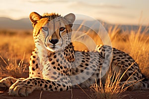 Portrait of cheetah resting in the savannah at sunset