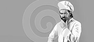 Portrait chef cook. Cook hat. Bearded chef, cooks or baker. Bearded male chefs. Chef with beard cook. Beard man and