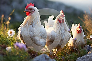 Portrait of chickens on a green grass meadow in mountains, bright sunny day, on a ranch in the village, rural surroundings