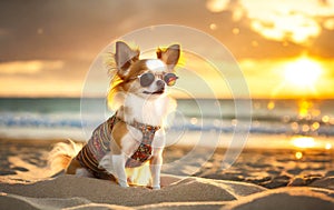 portrait of chihuahua dog with sunglasses, on a beach, ia