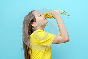 Portrait of a child girl with flowers dandelions in hands on a blue background. The teenager sniffs flowers and closes