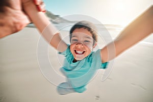 Portrait, child and sea fun swing in the air with happiness and parent on summer holiday. Happy, smile and vacation of a