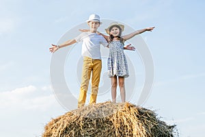 Portrait of children boy and girl spreading and waving arms, smiling on haystack in field. Wearing straw hats