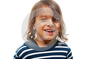 Portrait, children and mockup with a boy kid in studio isolated on a white background for marketing. Kids, happy and