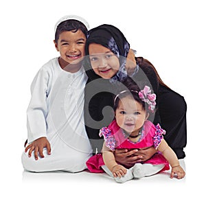 Portrait, children and muslim with a girl, boy and sister in studio isolated on a white background for religion or