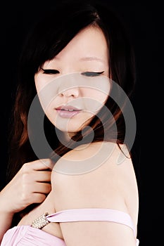 Portrait Chinese American Woman Eyes Closed Black Background