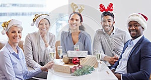 Portrait, Christmas party and business people with celebration, happiness and excited in modern office. Face, staff and