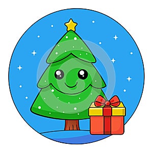 Portrait Christmas tree with gift box on the blue glitter background