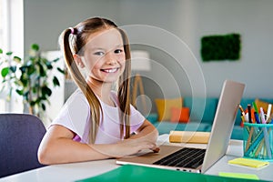 Portrait of clever cheerful girl toothy smile sitting chair use laptop online lesson morning house indoors