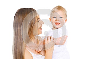 Portrait close-up happy smiling mother and baby having fun together isolated on white