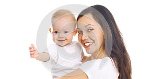 Portrait close up of happy smiling mother with baby over white background