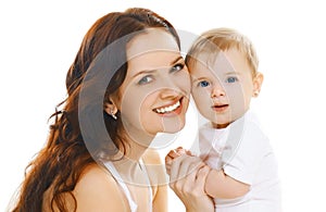 Portrait close-up happy smiling mother holding her baby isolated on white