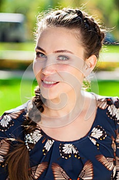 Portrait close up of young beautiful brunette woman