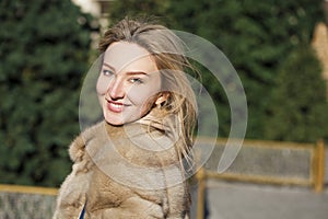 Portrait close up of young beautiful happy woman