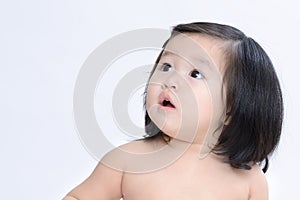 Portrait of closeup adorable girl doubt isolated on white back g