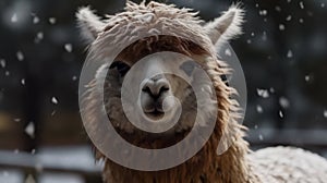 Portrait Closeup of brown blonde sweet suri alpaca looking in the camera