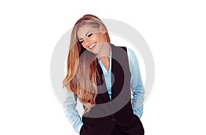 Portrait closeup of funny business woman smiling with glasses