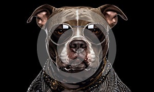 Portrait closeup head shot of Pitbull or American bully with a and street look. Generative Ai