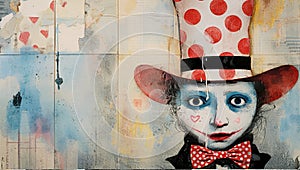 portrait of a clown in a hat with red circles, a red polka dot bow on a multi-colored background