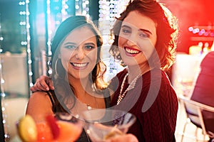 Portrait, cocktail or women with club toast pov for hotel, fun and night, party and celebration. Happy, face and friends