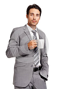 Portrait, coffee cup and business man in studio with confidence, break or attitude on white background. Morning, start