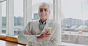 Portrait, coffee and a senior business man laughing while standing by a window in his office with a view. Corporate