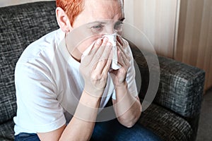 Portrait of colds. Medical symptom. Medical care. Symptom of allergy. Sore throat. Sick woman