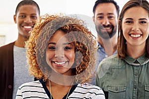 Portrait, collaboration or leadership with a manager black woman standing with her team at the office. Management