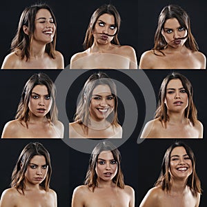 Portrait collage of girl with different facial expressions