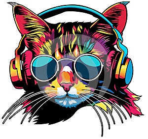 Portrait of a Colorful Cat with Headphones on its Head