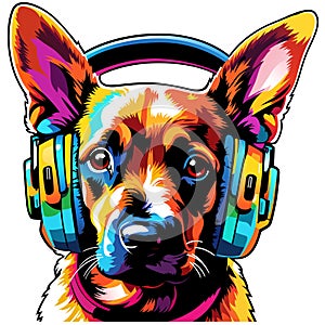 Portrait of a Colorful Dog with Headphones on its Head