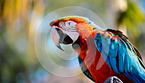 Portrait of colorful parrot on blurred background. Wild bird