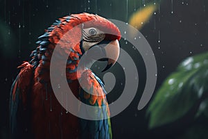 Portrait of colorful parrot in jungle looking at camera. Wet tropical exotic bird in rain in nature