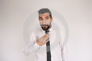 Portrait of communicative bearded man