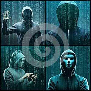 Portrait of computer hacker in hoodie. Obscured dark face. Data thief, internet fraud, darknet and cyber security