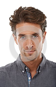 Portrait, confidence and business man in studio isolated on a white background. Face, creative professional and