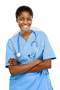 Portrait confident African American female doctor white background