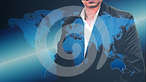 Portrait of a confident bearded businessman standing with his hands in pockets overlay world map background . Double exposure. i