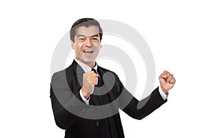 Portrait of a confident business man in black suit and smile, expression face isolated on white background. Portrait businessman