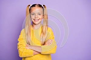 Portrait of confident charming kid future professional cross her hands feel candid mood wear yellow jumper  over