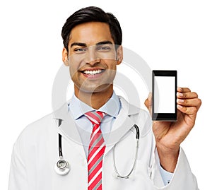 Portrait Of Confident Doctor Showing Smart Phone