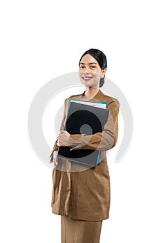 portrait of confident female civil servant wearing khaki uniform