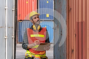 Portrait of confident inspector standing in front of containers in port