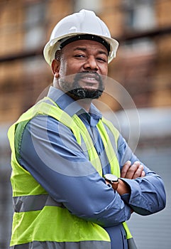 Portrait, confident and male person as contractor outdoors for developing or planning of construction projects