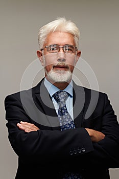 Portrait of confident mature businessman with serious face and gray hair. Good looking 60 year old man