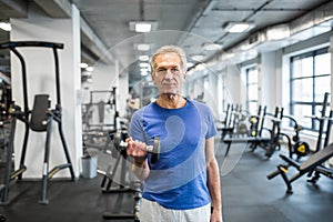 Confident senior man holding dumbbell in gym