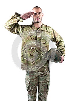 Portrait of confident soldier standing with a helmet