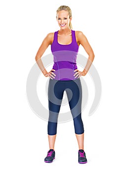 Portrait, confident or woman in fitness, fashion or athleisure apparel in studio on white background. Female person photo